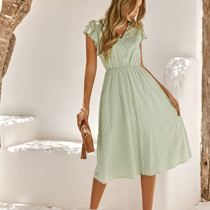 שמלה קלאסית באורך ברך עם שרוולי מלמלה קצרים - דגם  דפנה